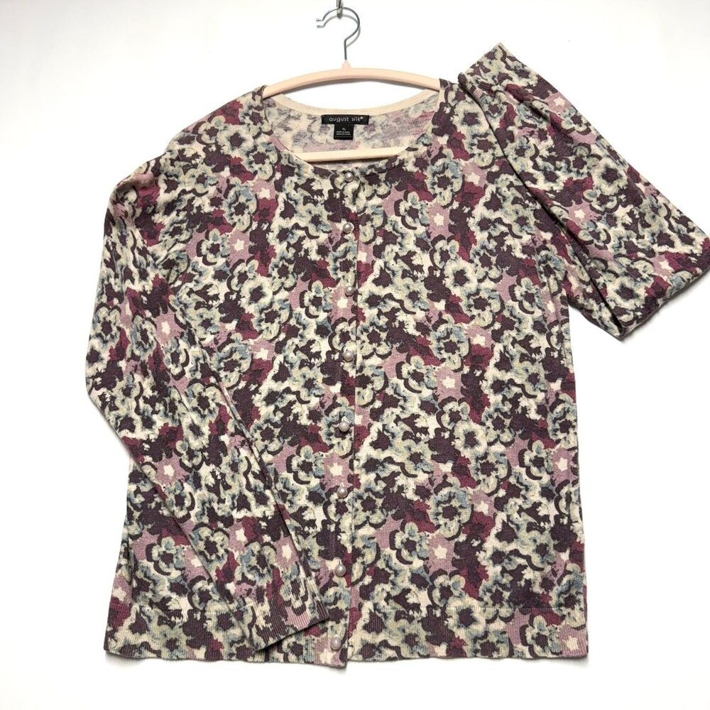August Silk Womens Floral Cardigan With Pearl Buttons XL Pink Mauve Excellent